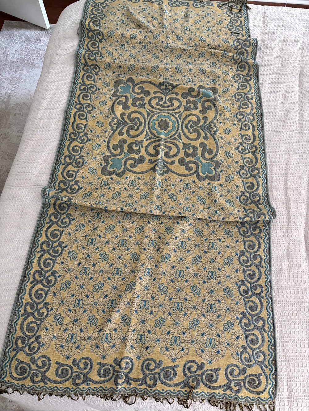 Pashmina Teal Gold Floral Butterfly Jacquard Fringe Scarf 68X27 - Picture 5 of 10